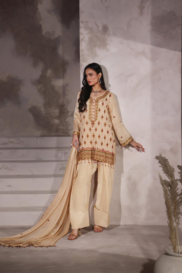 Andaaz - Silk Beige Shirt, Dupatta and Trouser