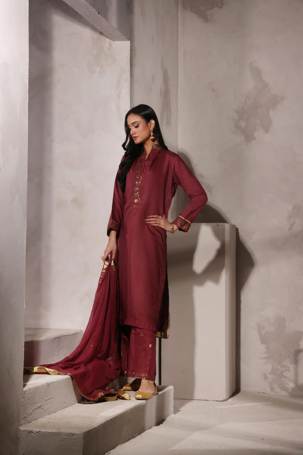 Andaaz - Silk Burnt Orange Shirt, Dupatta and Trouser